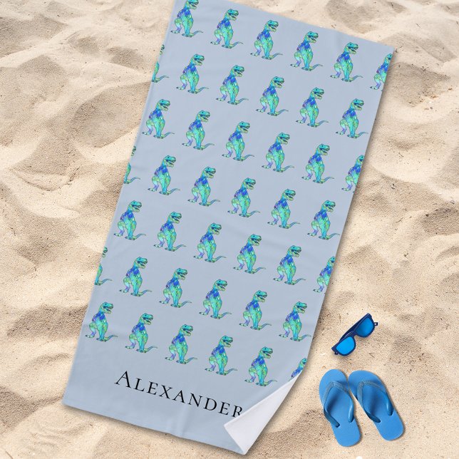 Personalised Boy Name Dinosaur Blue Beach Towel (Personalized boy name dinosaur blue green beach towel Colorful T-Rex Jurassic dino pattern kids name)