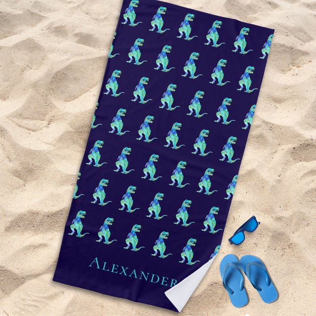 Personalised Boy Name Dinosaur Blue Beach Towel (Personalized boy name dinosaur blue green beach towel Jurassic T-Rex dino kids monogram name gift)
