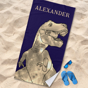 Personalised Boy Name Dinosaur Navy Blue Beach Towel