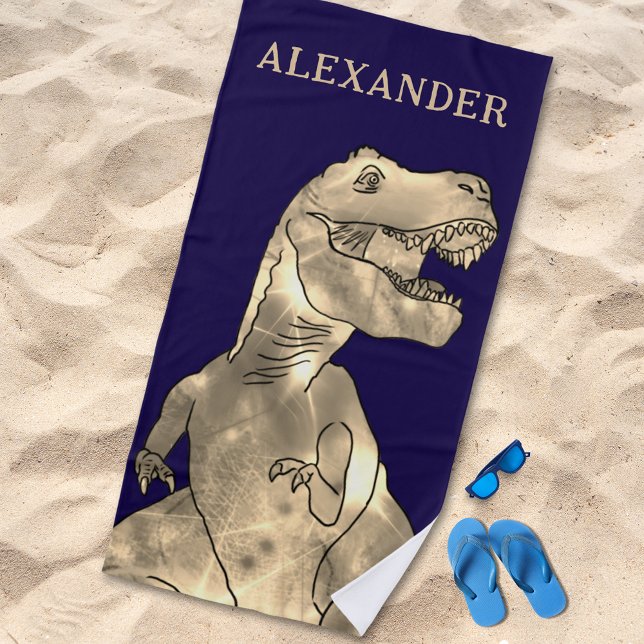 Personalised Boy Name Dinosaur Navy Blue Beach Towel (Personalized boys name dinosaur navy blue beach towel Jurassic T-Rex dino kids monogram named gift)