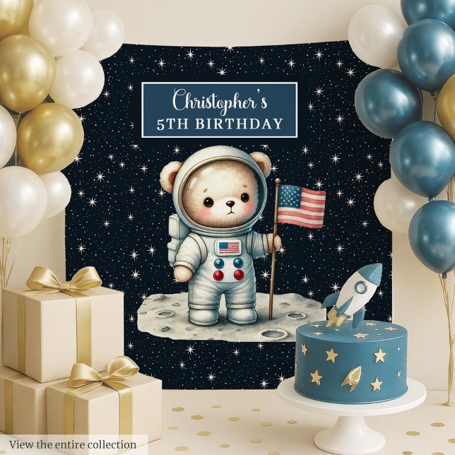 Personalised Boy Party Backdrop with Space Bear Tapestry (Personalized Boy Party Backdrop with Space Bear)