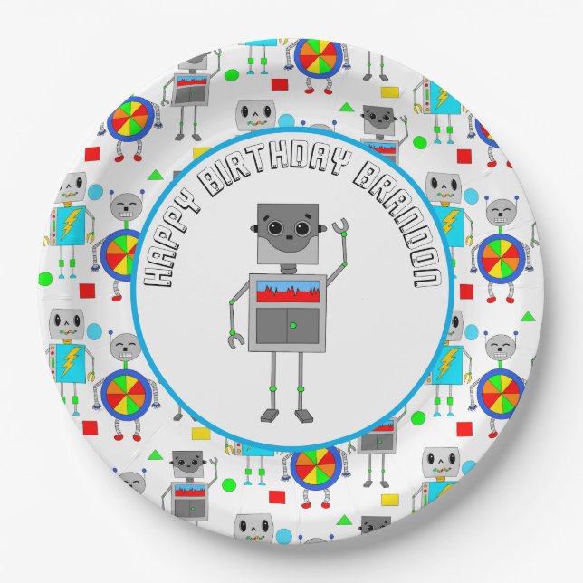 Personalised Boy's Birthday Robot  Paper Plate (Front)