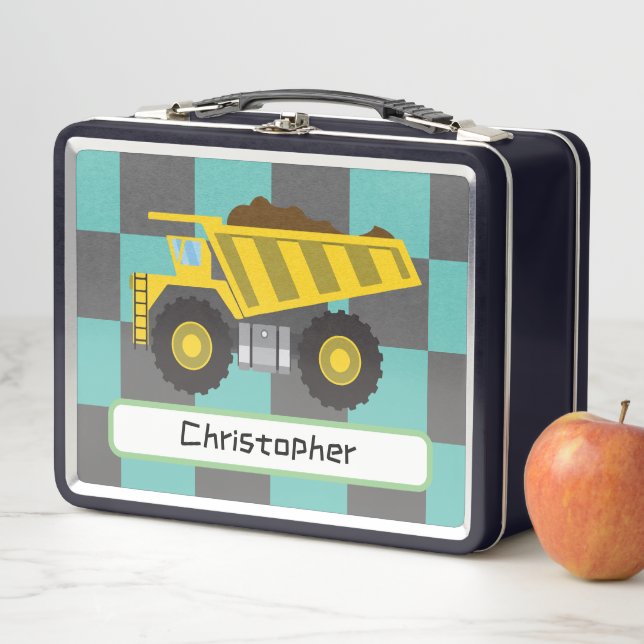 Personalised Boys Dump Truck Kids School  Metal Lunch Box (In Situ)
