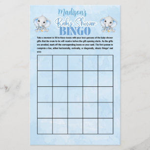 Personalised Boys Elephant Bingo Baby Shower Game