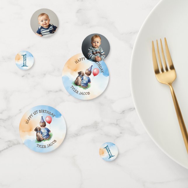 Personalised Boy's First Birthday | Photo Template Confetti (Group)