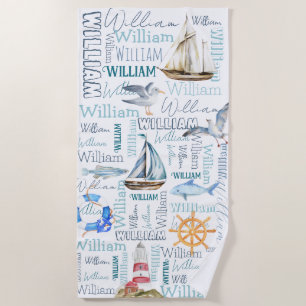 Personalised boys name nautical marine sailing beach towel