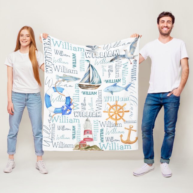 Personalised boys name nautical marine sailing  fleece blanket (In Situ)
