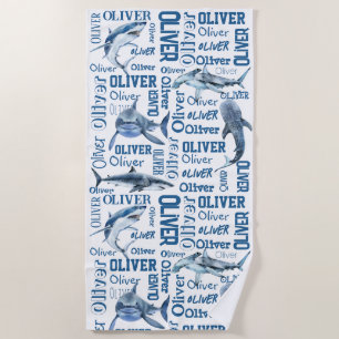 Personalised boys name with sharks collage  beach towel