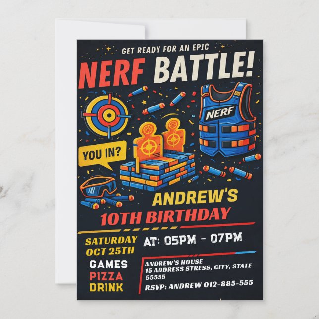 Personalised Boys Nerf Birthday Invitation (Front)