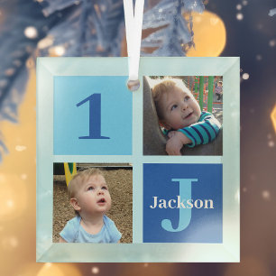 Personalised Boys Photo Collage Blue Christmas Glass Tree Decoration
