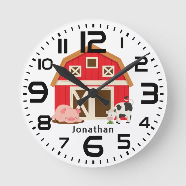 Personalised Boys Red Barn Pig Cow Round Clock (Front)