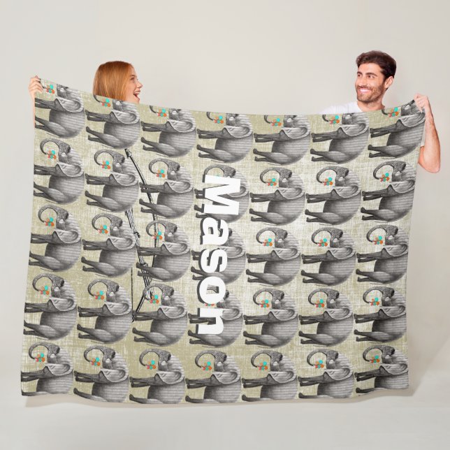 Personalised Boy's Room Vintage Elephant Fleece Blanket (In Situ)
