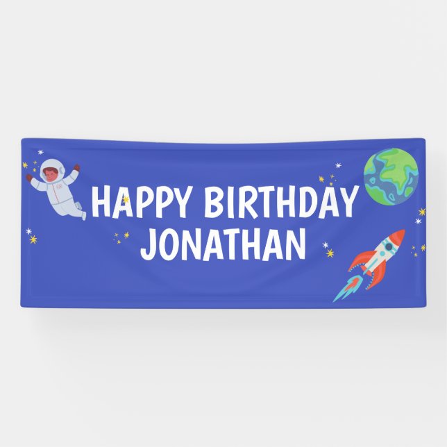 Personalised Boys Space Birthday Blue White Banner (Horizontal)