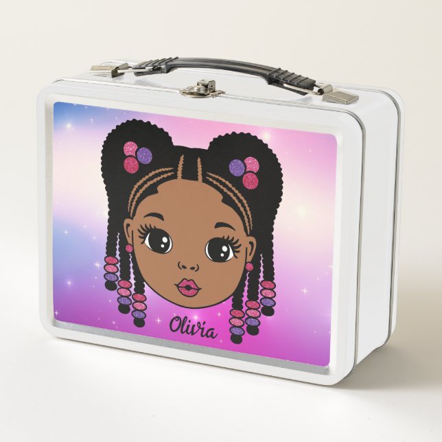 Personalised Braided Hair Baby girl Metal Lunch Box (Front)