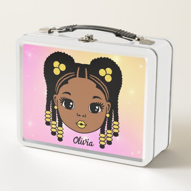 Personalised Braided Hair Baby girl Metal Lunch Box (Front)