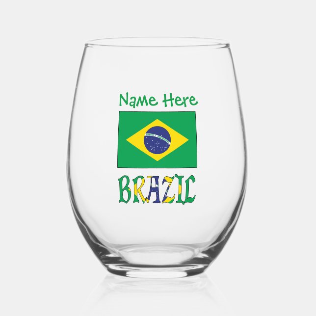 Personalised Brazil Flag Stemless Wine Glass (Front)
