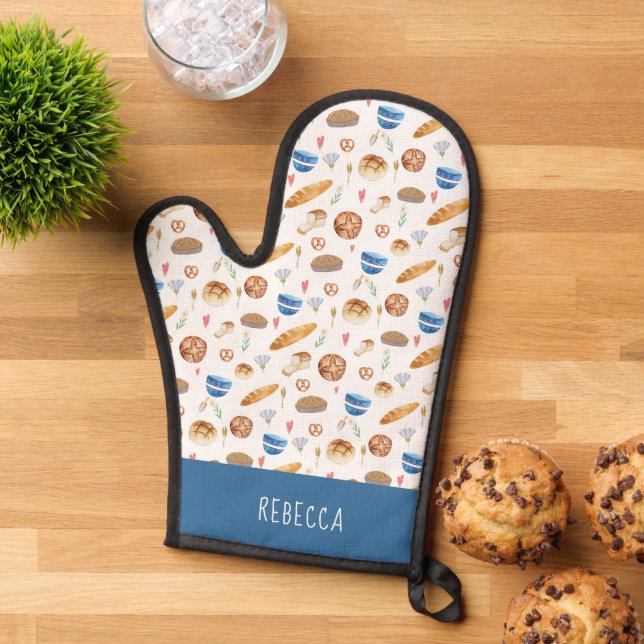 Personalised Bread & Bakery Watercolor Pattern Oven Mitt (Top down)
