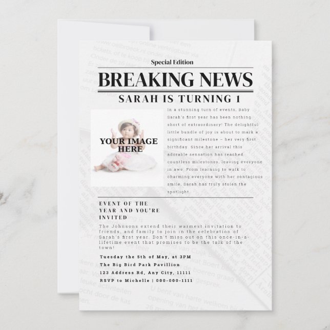 Personalised Breaking News: Kid Birthday Party Invitation (Front)