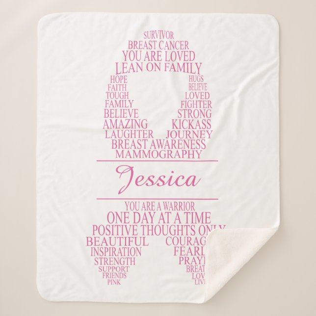 Personalised Breast Cancer Typography Ribbon Sherpa Blanket (Front)