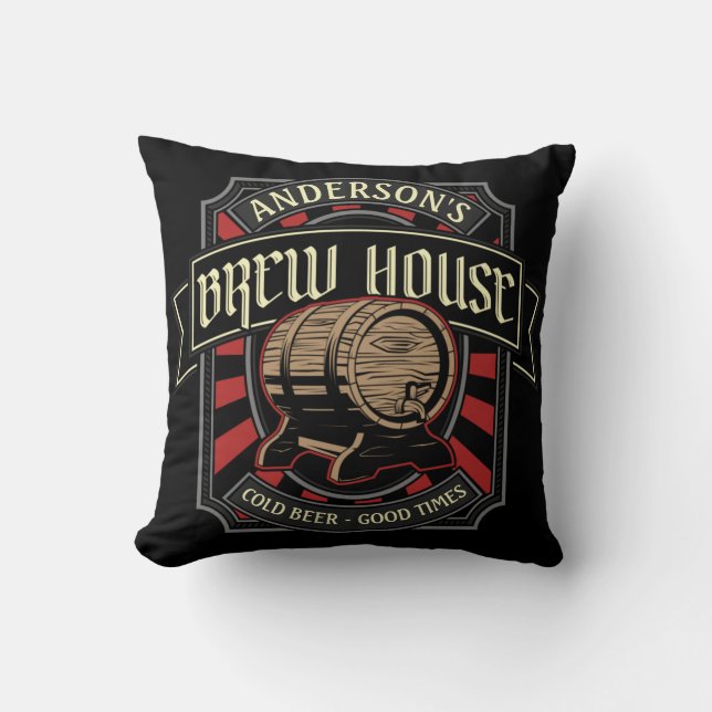 Personalised Brew House Label Beer Brewing Bar Pub Cushion (Front)