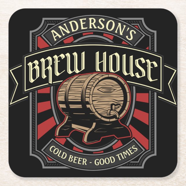 Personalised Brew House Label Beer Brewing Bar Pub Square Paper Coaster (Front)
