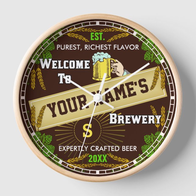 Personalised Brewery Welcome: Hops Barley Beer Clock (Front)