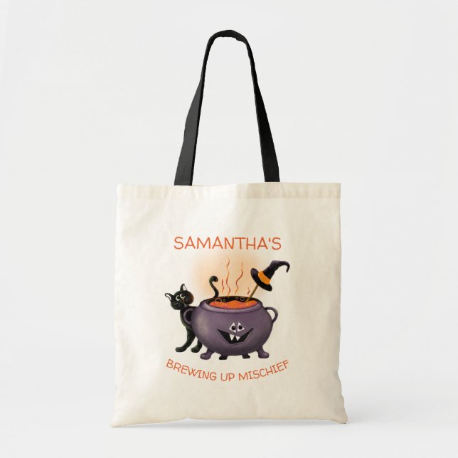 Personalised Brewing Up Mischief Cat Halloween Tote Bag (Front)