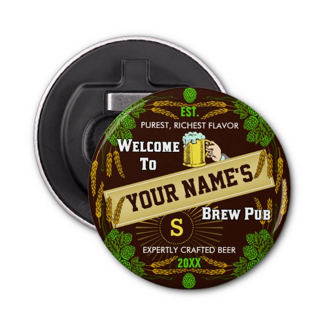 Personalised Brewpub Welcome: Hops Barley Beer Bottle Opener (Front)