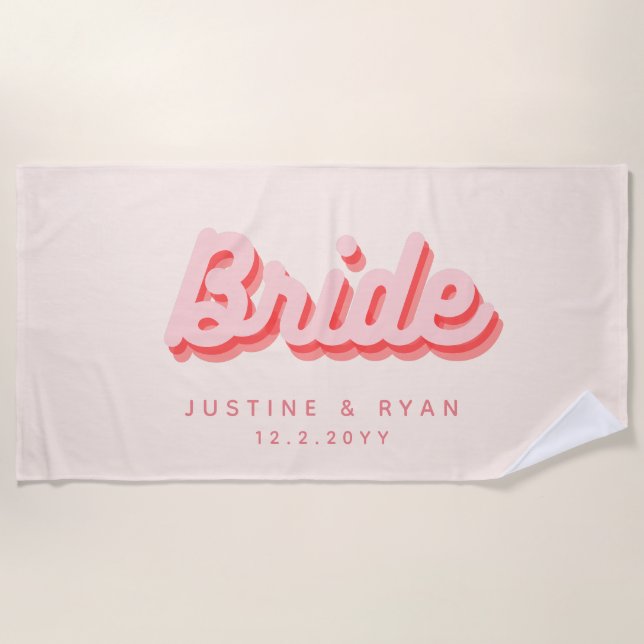 Personalised Bride Beach Towel Retro Pink & Red (Front)