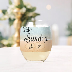 Personalised Bride Beach Wedding Hearts in Sand Stemless Wine Glass