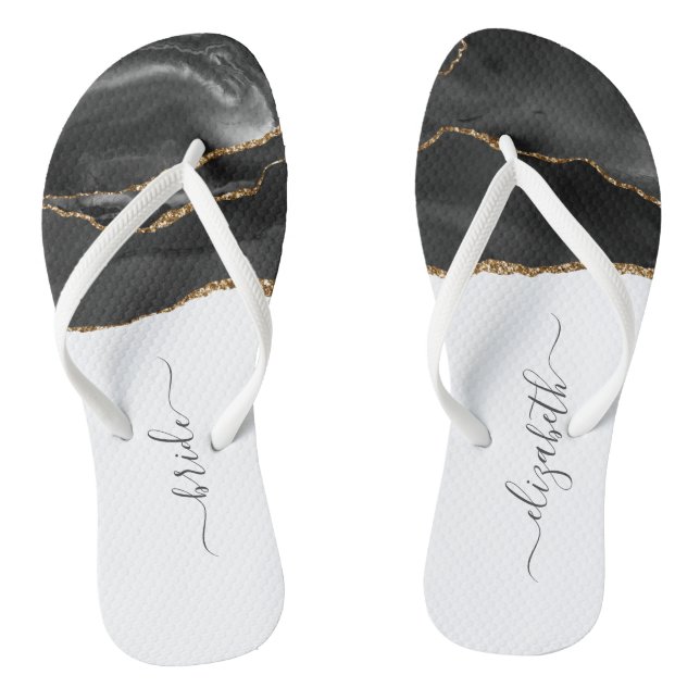 Personalised Bride Black Gold Agate Wedding Jandals (Footbed)