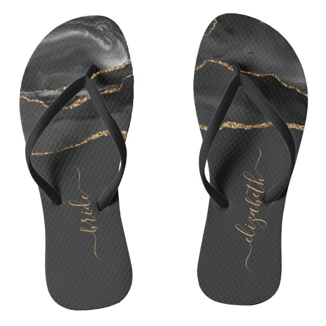 Personalised Bride Black Gold Agate Wedding Jandals (Footbed)