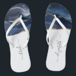 Personalised Bride Blue Gold Agate Wedding Jandals<br><div class="desc">A navy blue watercolor agate design trimmed with gold faux glitter decorates the front portion of these flip flops. Personalise them with elegant charcoal grey handwriting script on a white background for the bride or any other member of the wedding party. Ideal for a bachelorette party, bridal shower or beach...</div>