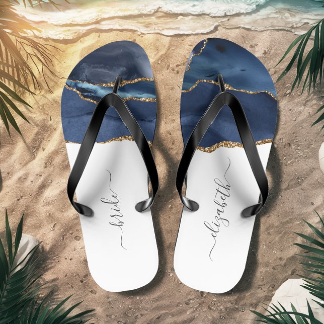 Personalised Bride Blue Gold Agate Wedding Jandals (Creator Uploaded)
