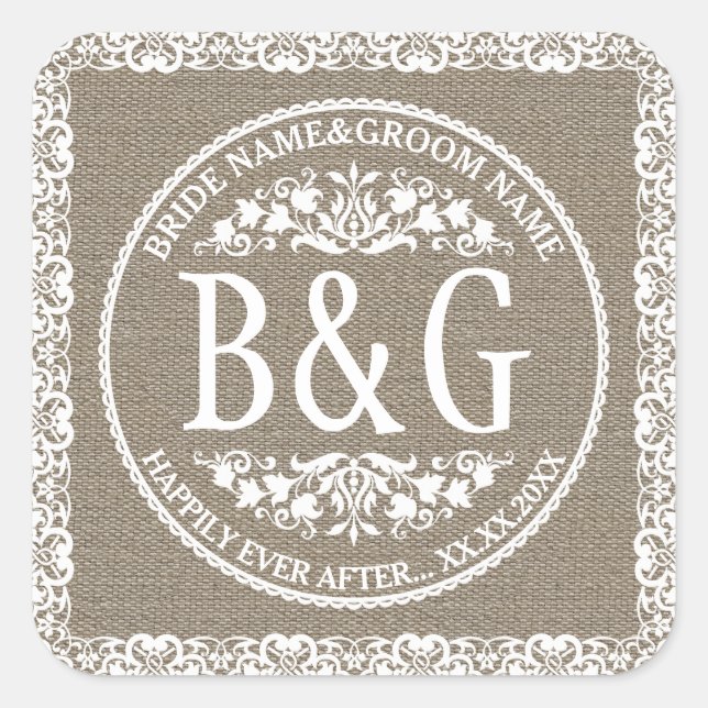 Personalised Bride&Groom Burlap&Lace Square Sticker (Front)