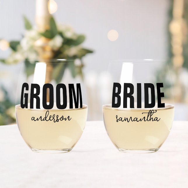 Personalised Bride & Groom Name Stemless Wine Glass (Insitu (Wedding))