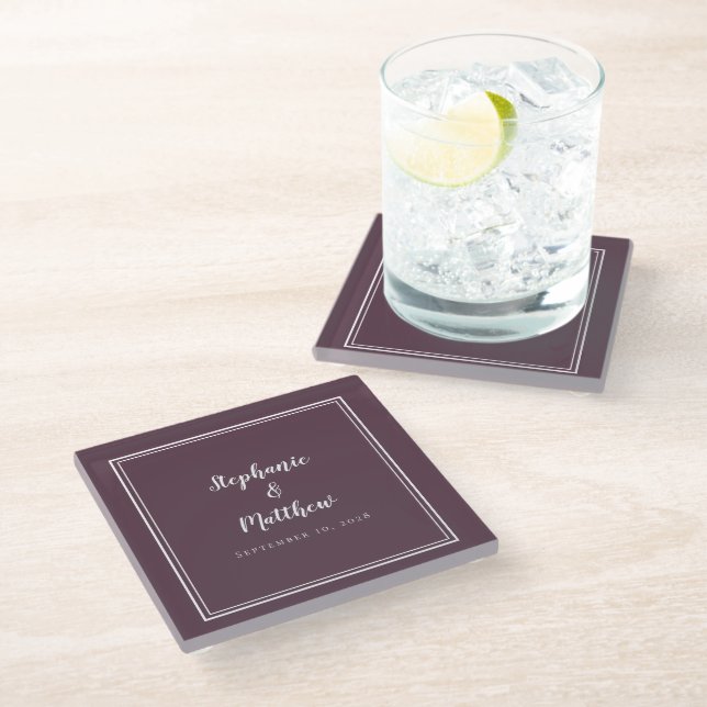 Personalised Bride & Groom Wedding Modern Purple Glass Coaster (Angled)