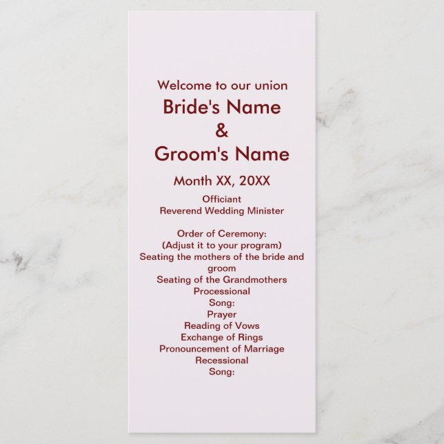 Personalised Bride Groom Wedding Program Rack Card (Front)