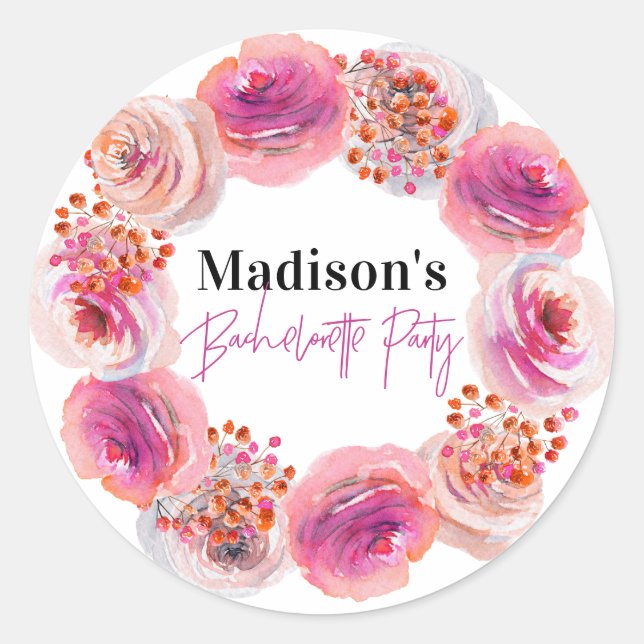 Personalised Bride Name Bachelorette Pink Floral Classic Round Sticker (Front)