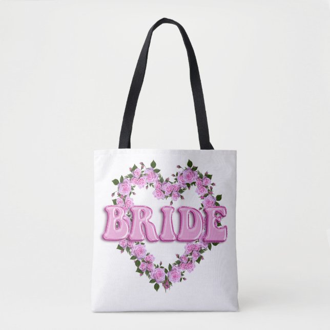 Personalised Bride Pink Roses Heart Tote Bag (Front)