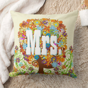 Personalised Brides Coral and Aqua Flower Tree Cushion
