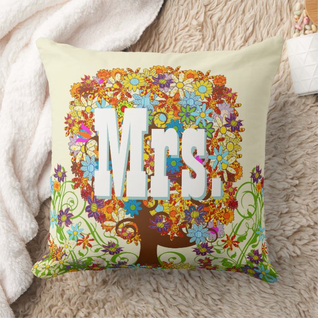 Personalised Brides Coral and Aqua Flower Tree Cushion (Blanket)