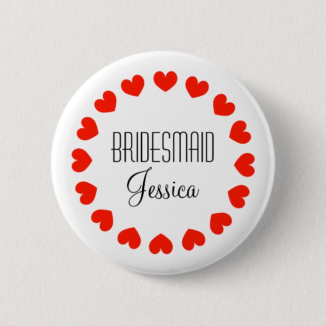 Personalised bridesmaid buttons with red hearts (Front)