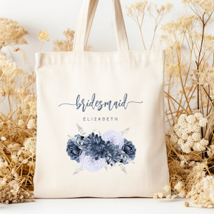 Personalised Bridesmaid Floral Dusty Blue Script Tote Bag