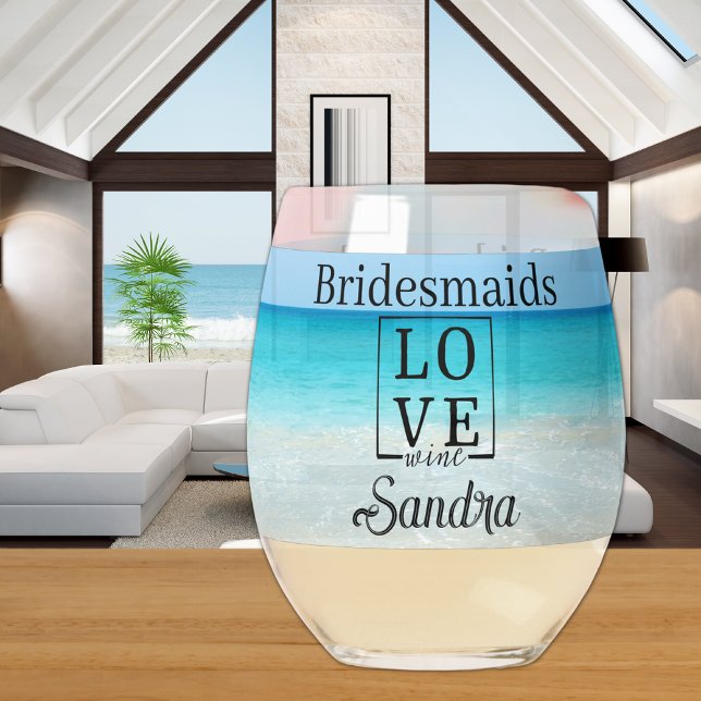 Personalised Bridesmaid Gift Tropical Beach Love  Stemless Wine Glass (Creator Uploaded)