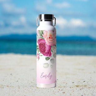 Personalised bridesmaid gifts magenta peonies water bottle