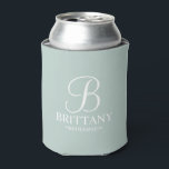 Personalised Bridesmaid Monogram and Name Can Cooler<br><div class="desc">Personalised Bridesmaid Gifts
featuring personalised monogram in white elegant script font style with bridesmaid's name and title in classic serif font style on sage green background.

Also perfect for Maid of Honour,  Flower Girl,  Mother of the Bride and more.</div>
