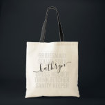 Personalised Bridesmaid Name Custom  Tote Bag<br><div class="desc">Custom Bridesmaid Name Personalised Tote Bag with editable text and wording for your date,  destination or location,  name,  and fun quote like "dress holder,  drink fetcher,  sanity keeper" with black strap handles makes a fun and useful keepsake for all your bridesmaids.</div>
