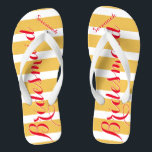 Personalised Bridesmaid Pinkish Red Misty Yellow Jandals<br><div class="desc">Flame Scarlet Pinkish Red Font and Misted Yellow and White Stripes Pattern - Change Misted Yellow and Reddish Pink to Any Colour by clicking customise. Furthermore say anything you want! Anything at all! Make these one of a kind flip flops that have YOUR message on them. Be the talk of...</div>