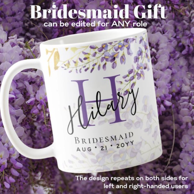 Personalised Bridesmaid Purple WISTERIA Monogram Coffee Mug (Creator Uploaded)